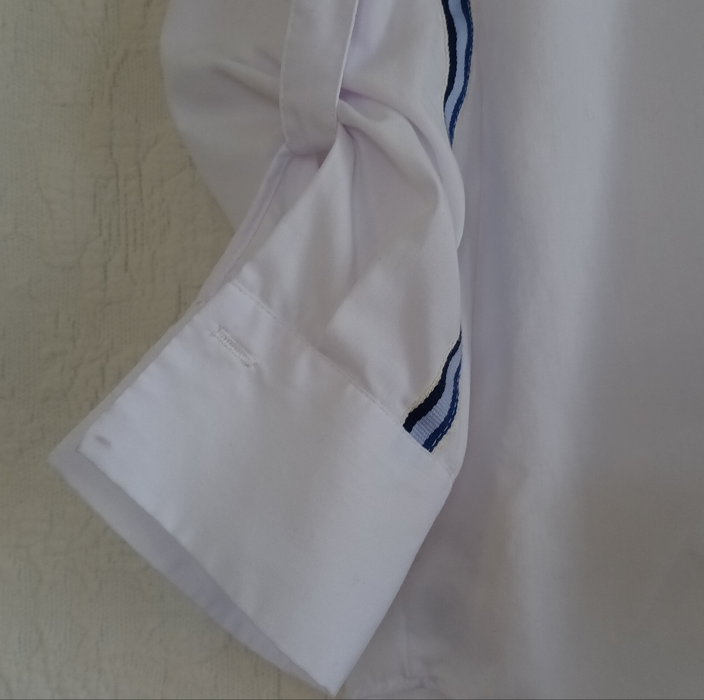 Zara White Button-Up Shirt Navy Stripe Sleeve Detail Oversized Billowy Beach - Picture 5 of 13